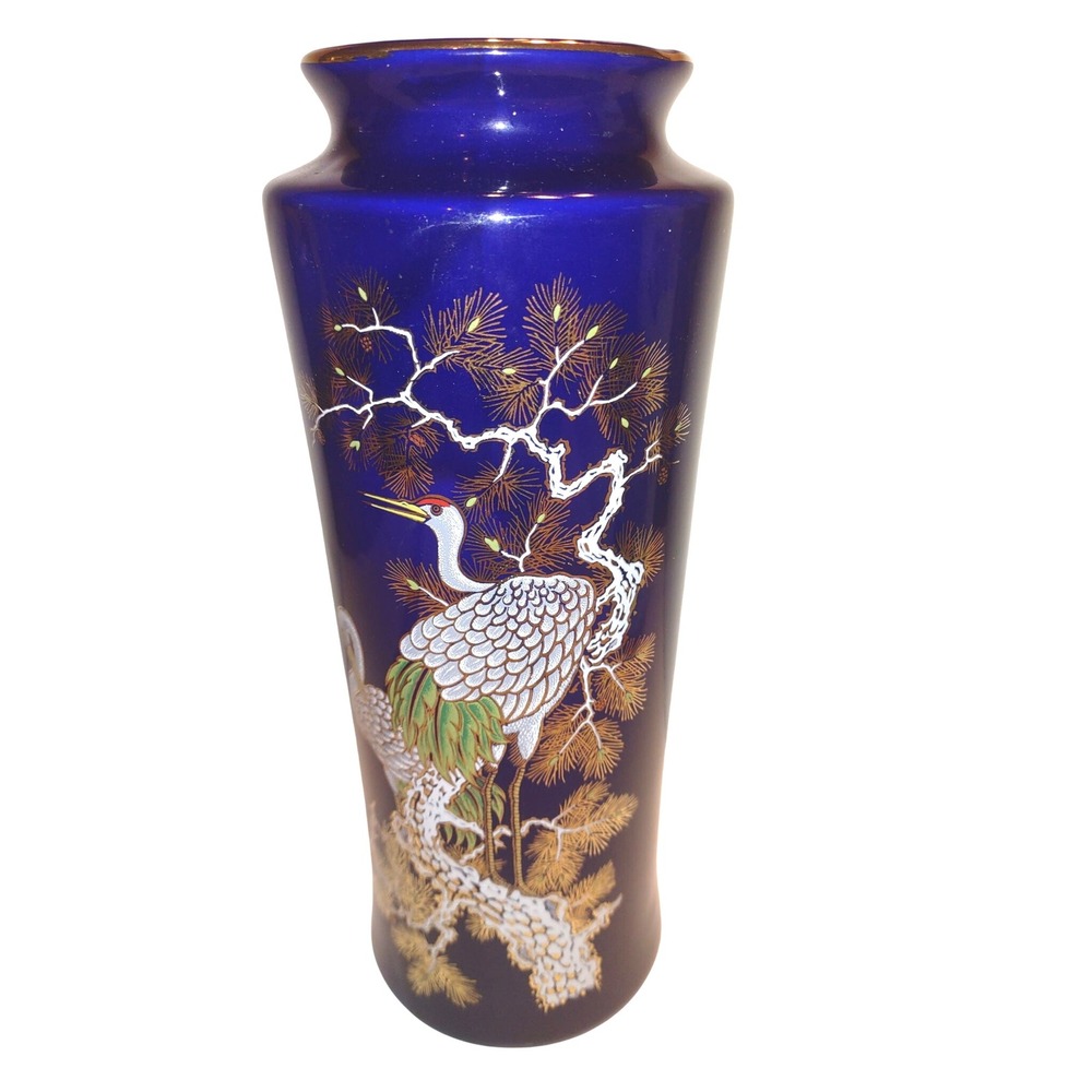 Vintage Japanese Crane Vase Porcelain 11" Cobalt Blue Gold Gilt Floral Asian